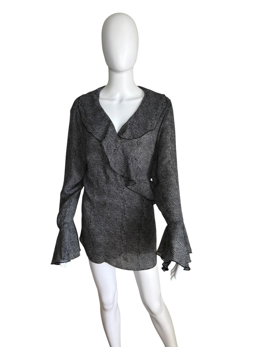 CaRaN New York Black White Polka Dot Ruffle V-Neck Blouse 1X